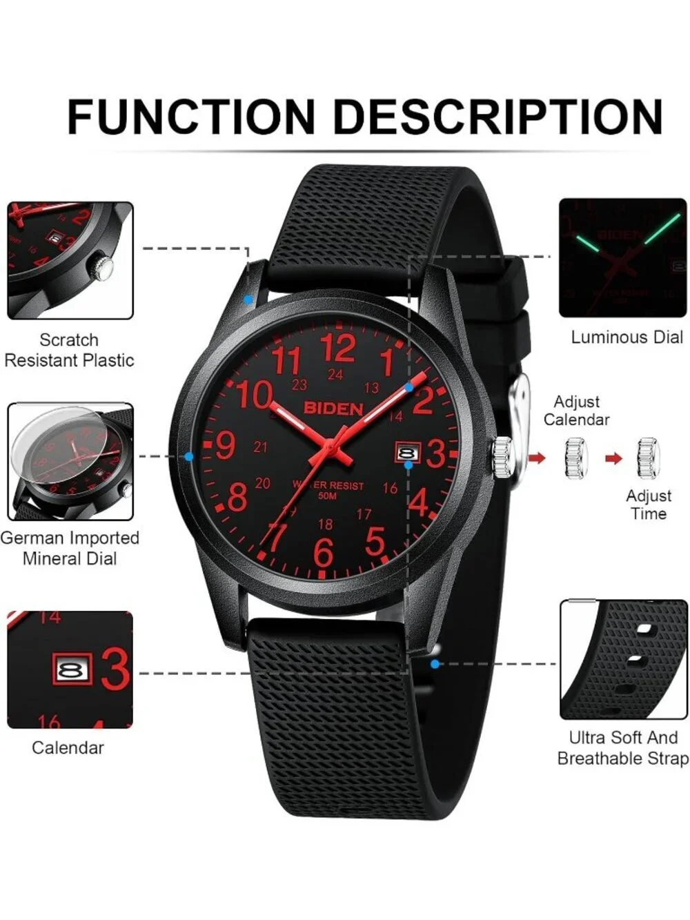 Mens Black Red Analog Quartz Unisex Medical Professionals Waterproof Nurse Watch